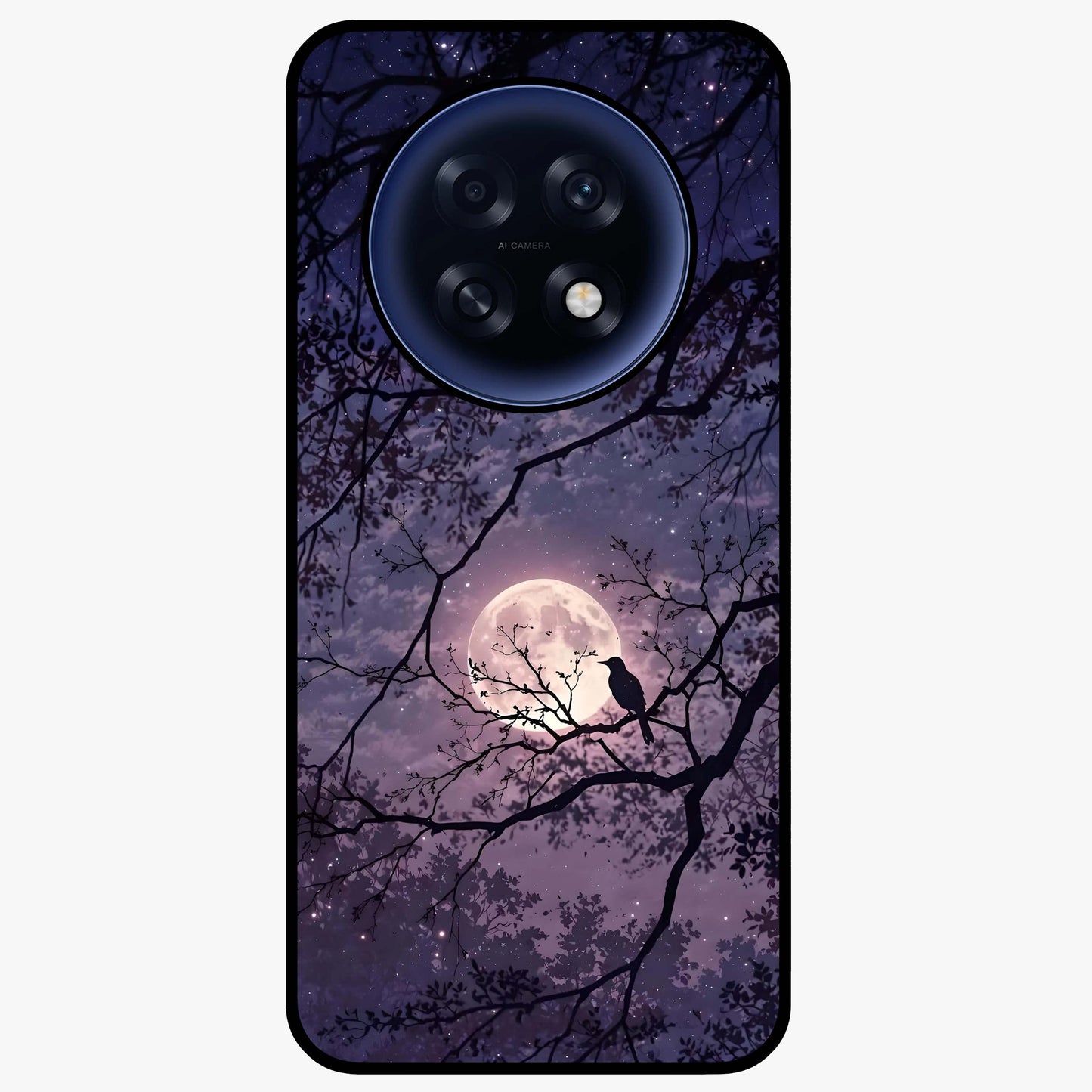 Whispering Moon Silence Glass Case showing flat back view with serene moon themed artwork and glossy glass finish.