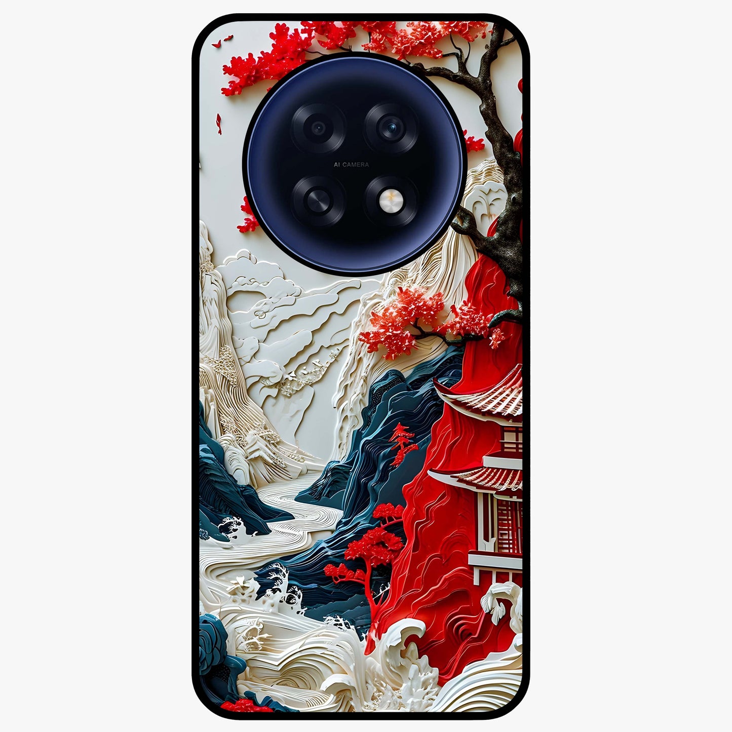 Whispers Of Sakura Waves Glass Case showing flat back view with cherry blossom wave artwork and glossy glass finish.