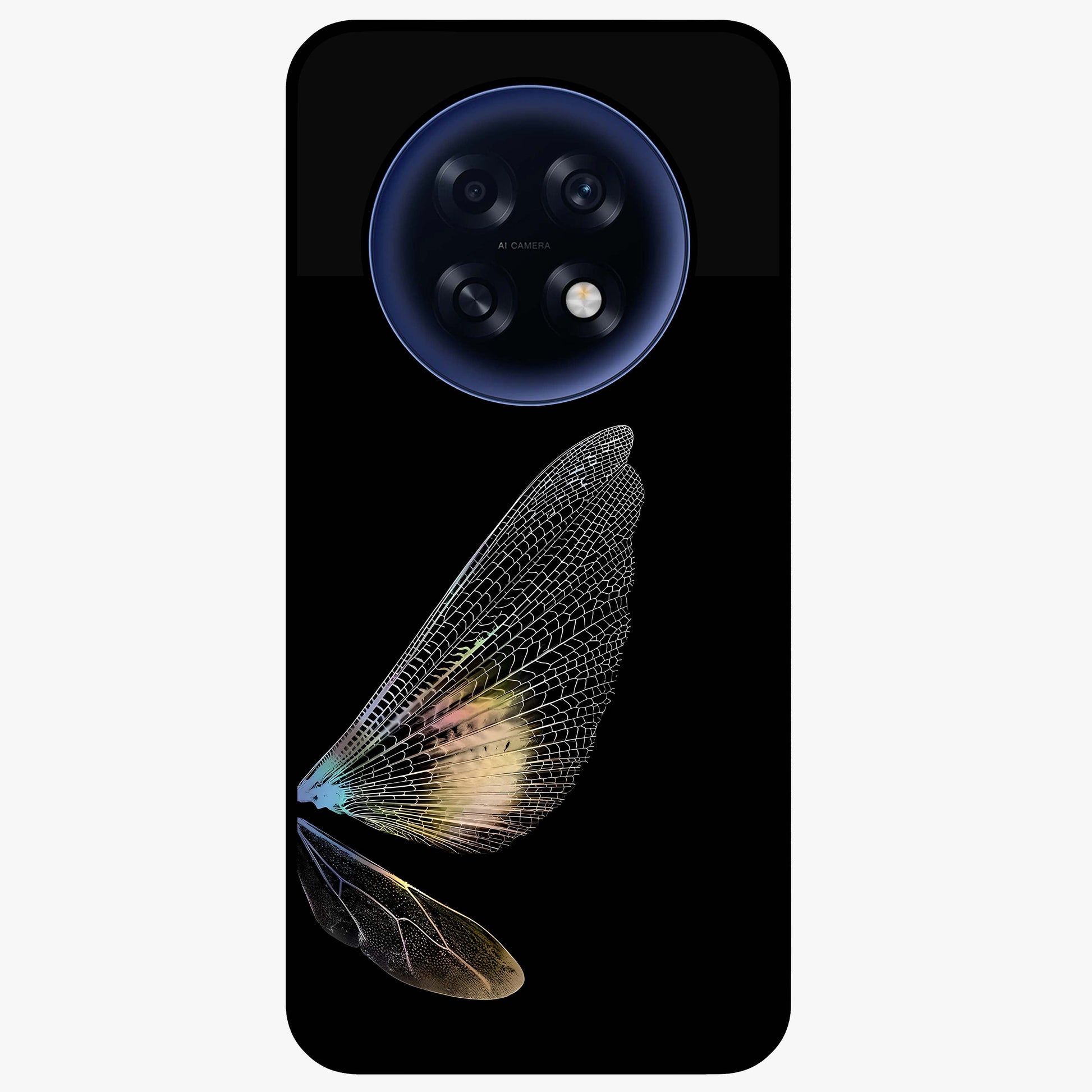 Whispers Of Wings Glass Case showing flat back view with graceful wing inspired artwork and glossy glass finish.
