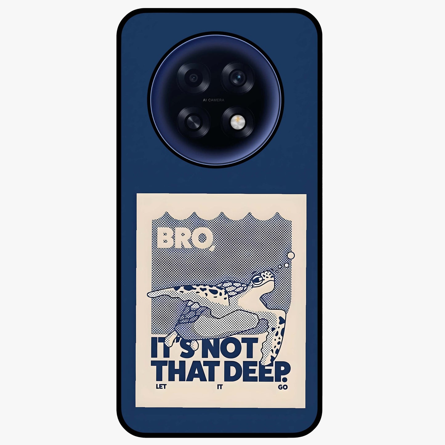 Worry Less Swim Glass Case showing flat back view with playful motivational artwork and glossy glass finish.