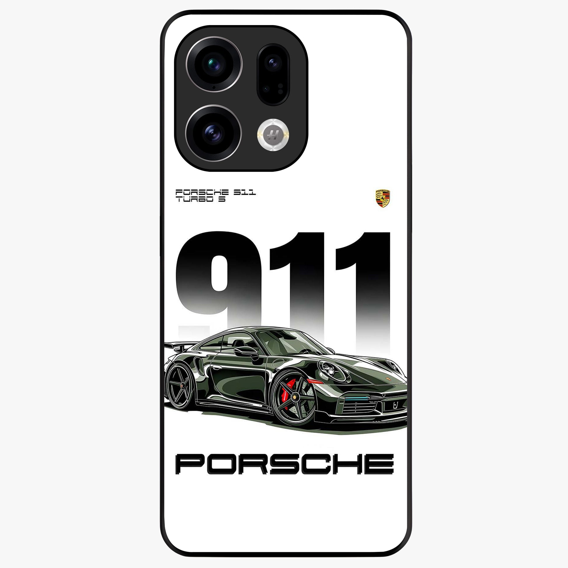 911 Turbo Dominance Glass Case showing clean flat back view with bold 911 sports car artwork and glossy glass finish.