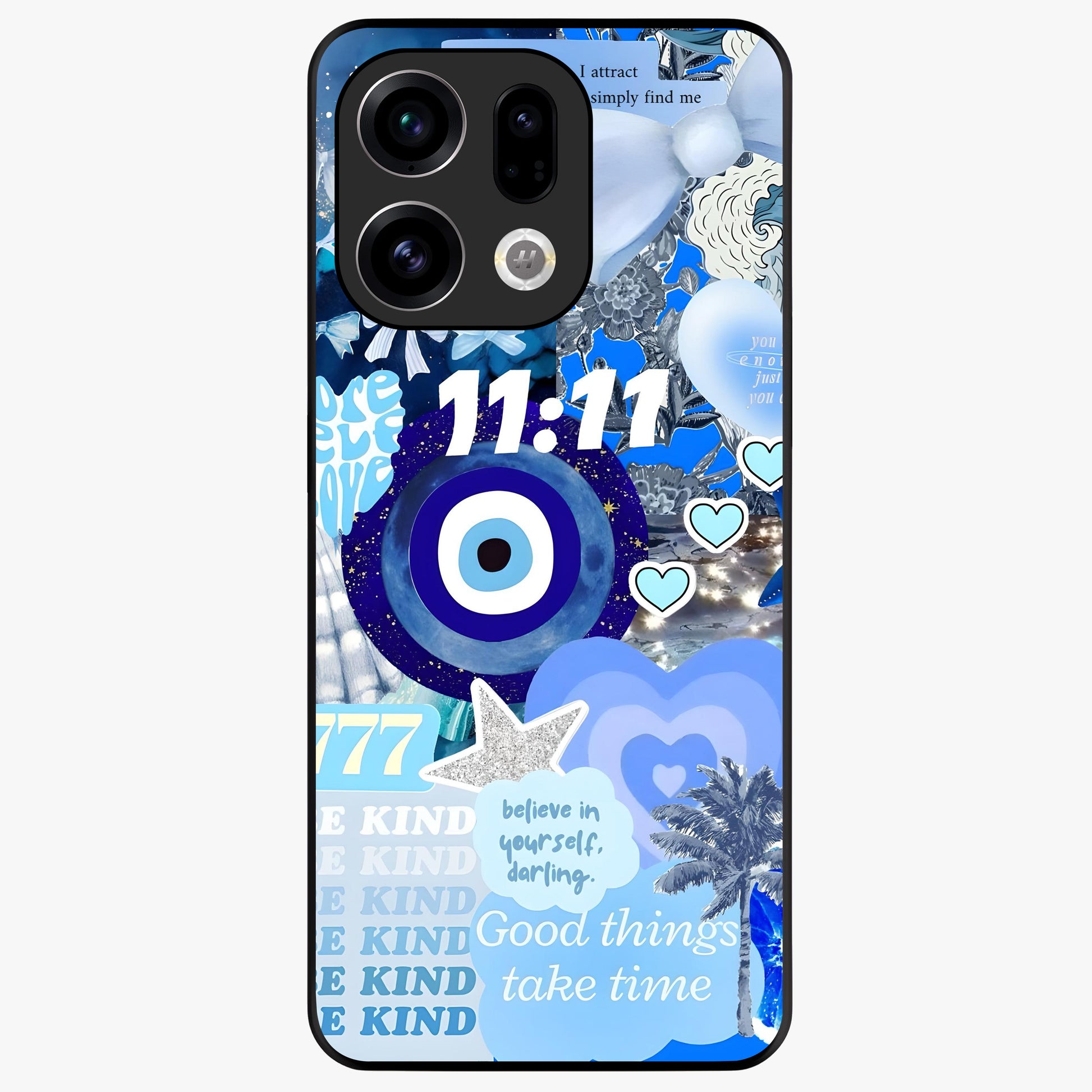 Aesthetic Be Kind Eye Glass Case showing flat back view with motivational eye artwork and glossy glass finish.