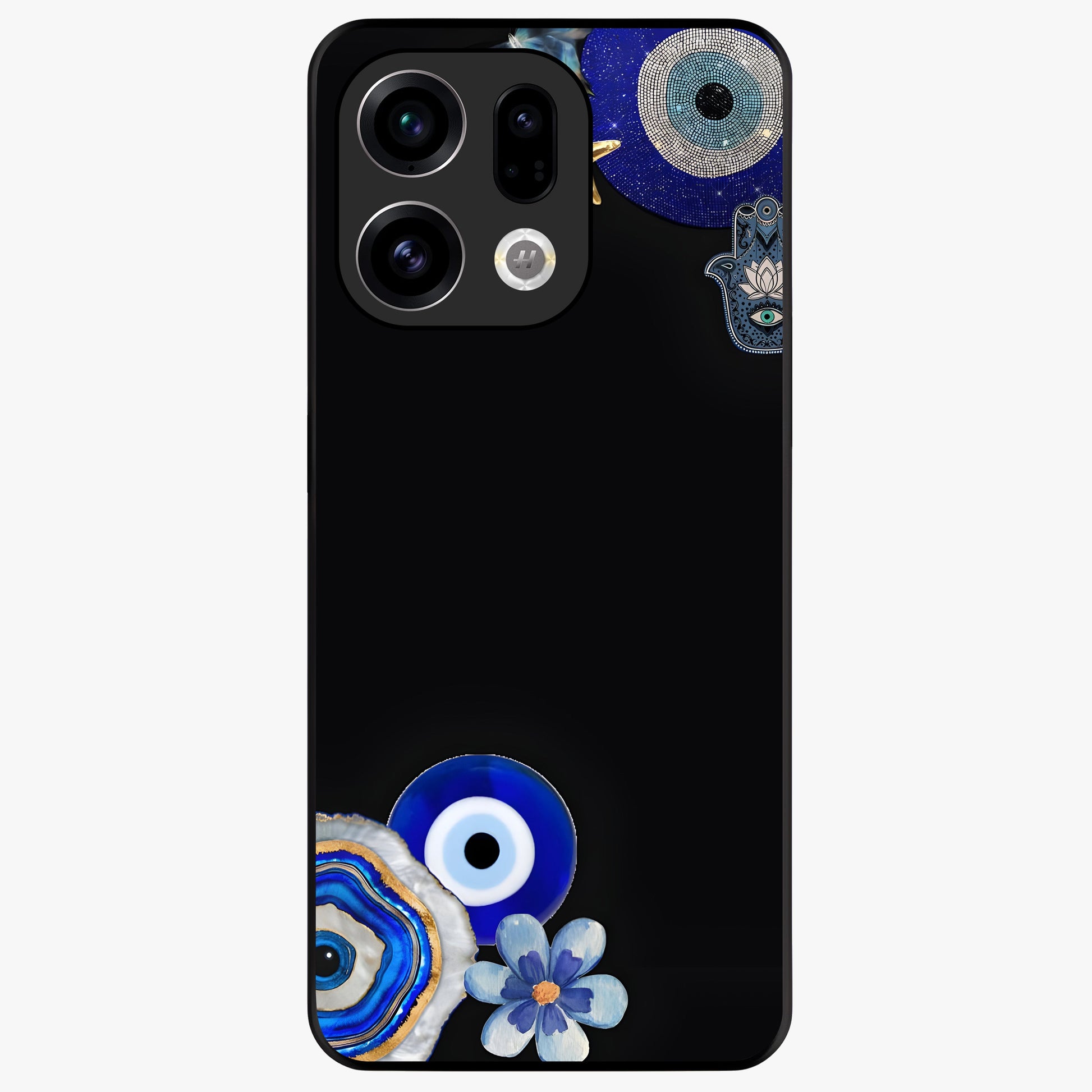 Aesthetic Blue Evil Eye Glass Case showing flat back view with protective evil eye artwork and glossy glass finish.