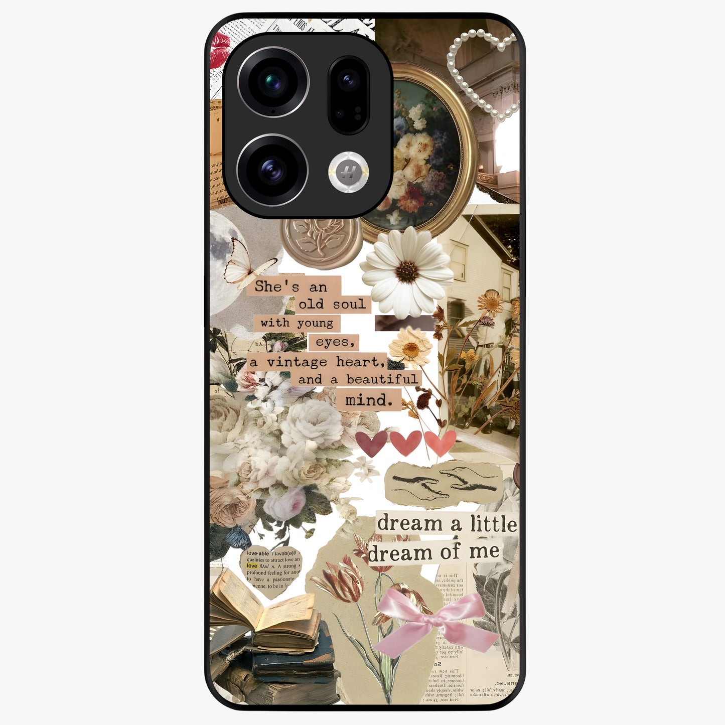 Aesthetic Brown Vintage Collage Glass Case showing flat back view with retro collage artwork and glossy glass finish.