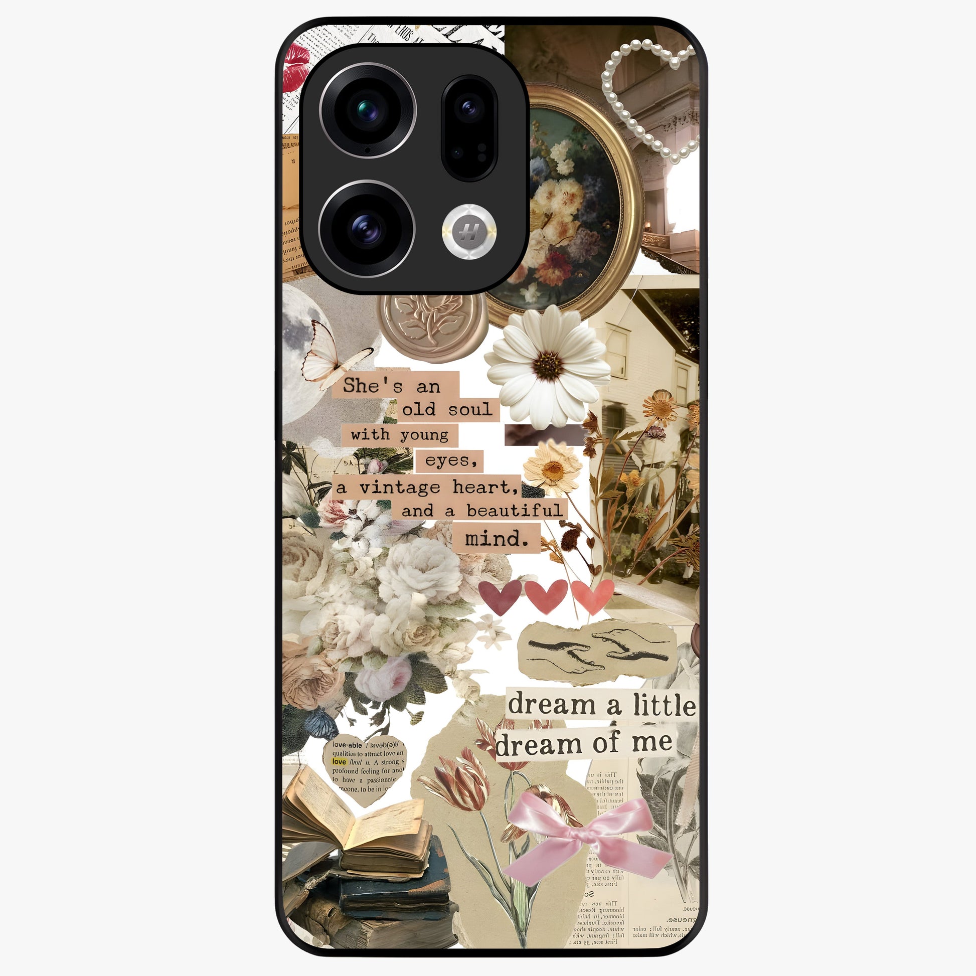 Aesthetic Brown Vintage Collage Glass Case showing flat back view with retro collage artwork and glossy glass finish.