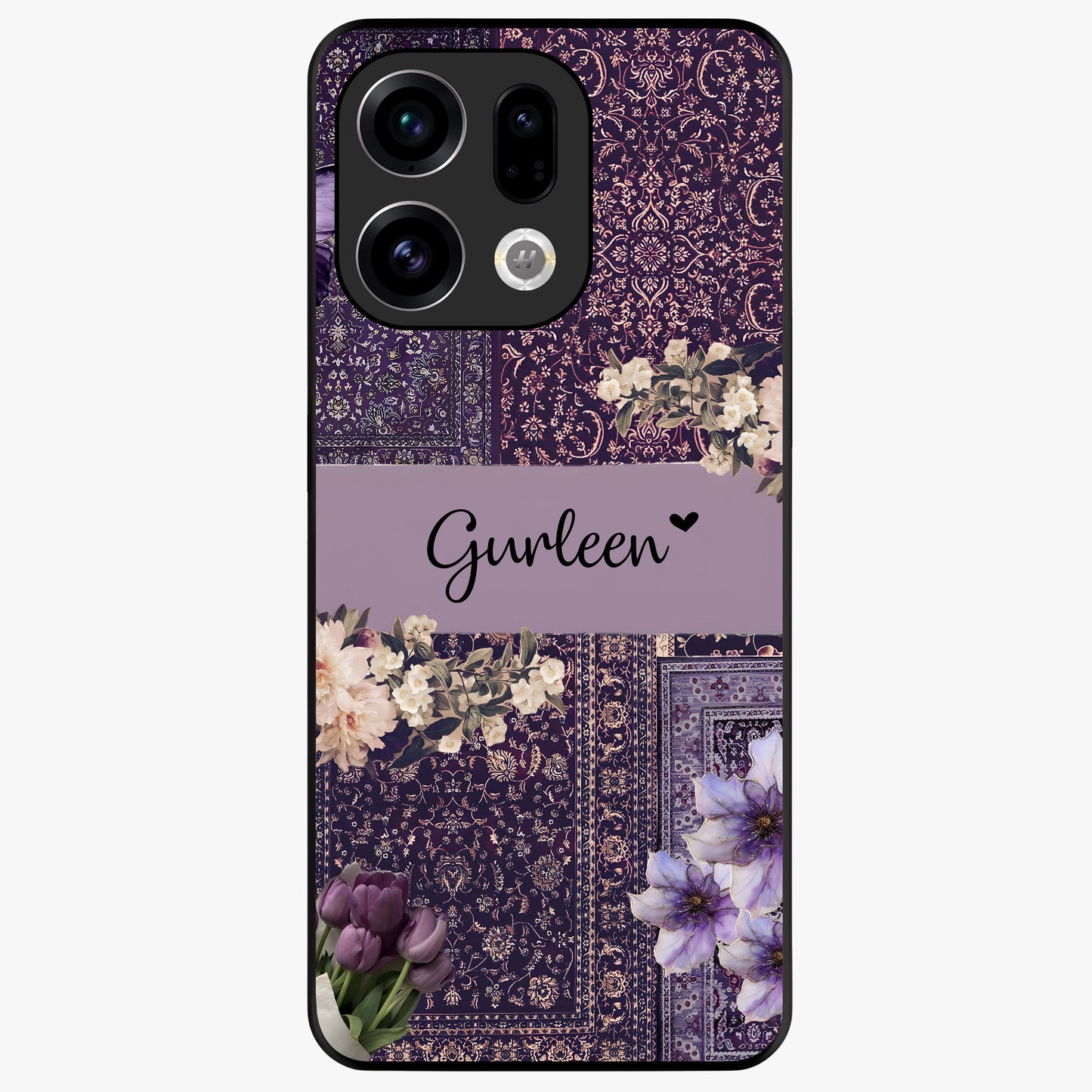 Antique Floral Whisper Custom Name Glass Case showing flat back view with vintage floral artwork and personalized name design.