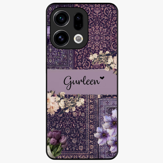 Antique Floral Whisper Custom Name Glass Case showing flat back view with vintage floral artwork and personalized name design.
