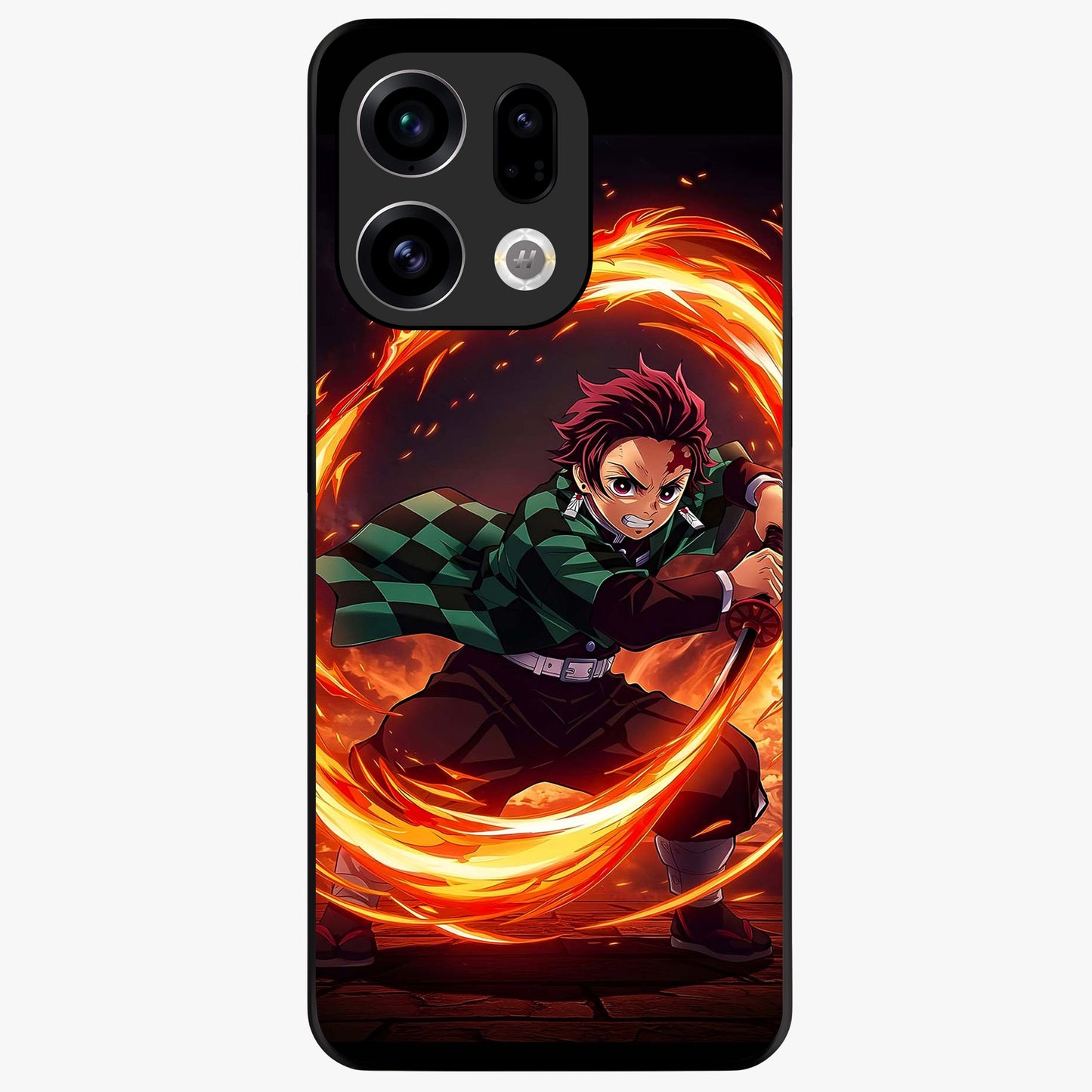 Blazing Sword Resolve Glass Case showing flat back view with fiery sword artwork and glossy glass finish.