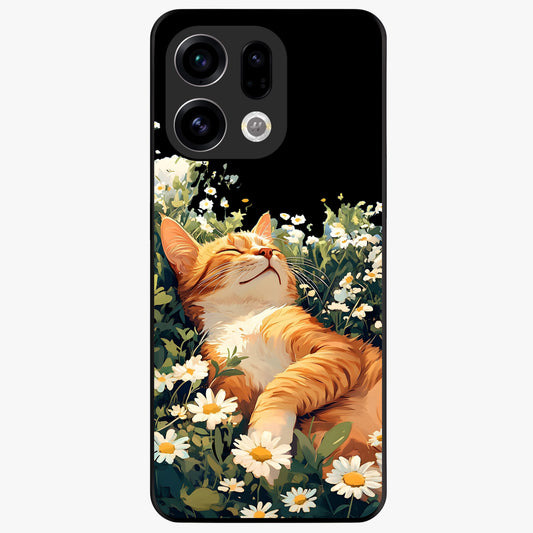 Blissful Bloom Cat Glass Case showing flat back view with cute cat and floral bloom artwork and glossy glass finish.