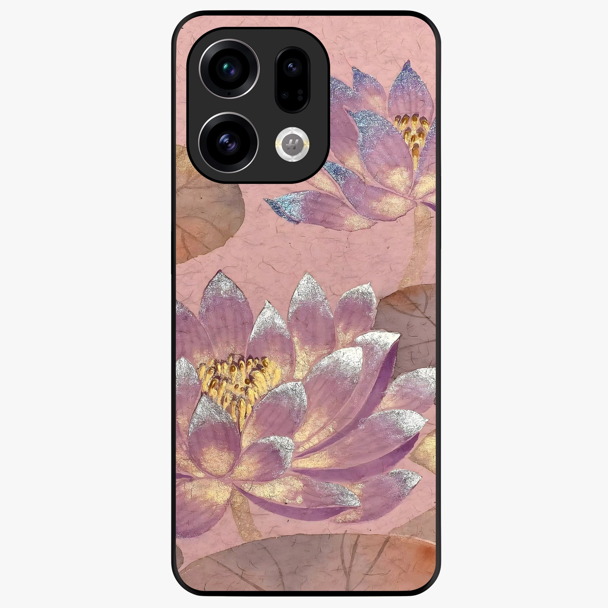 Blossom Mist Lotus Glass Case showing flat back view with serene lotus blossom artwork and glossy glass finish.