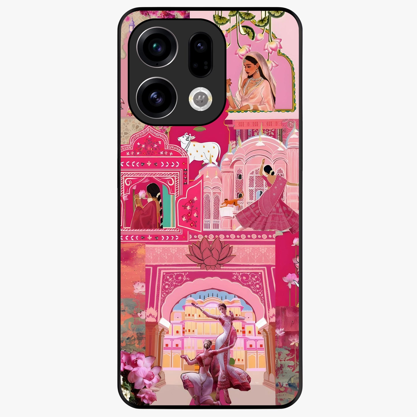 Blossoms of Rajasthan Glass Case showing flat back view with traditional floral artwork inspired by Rajasthan and glossy glass finish.