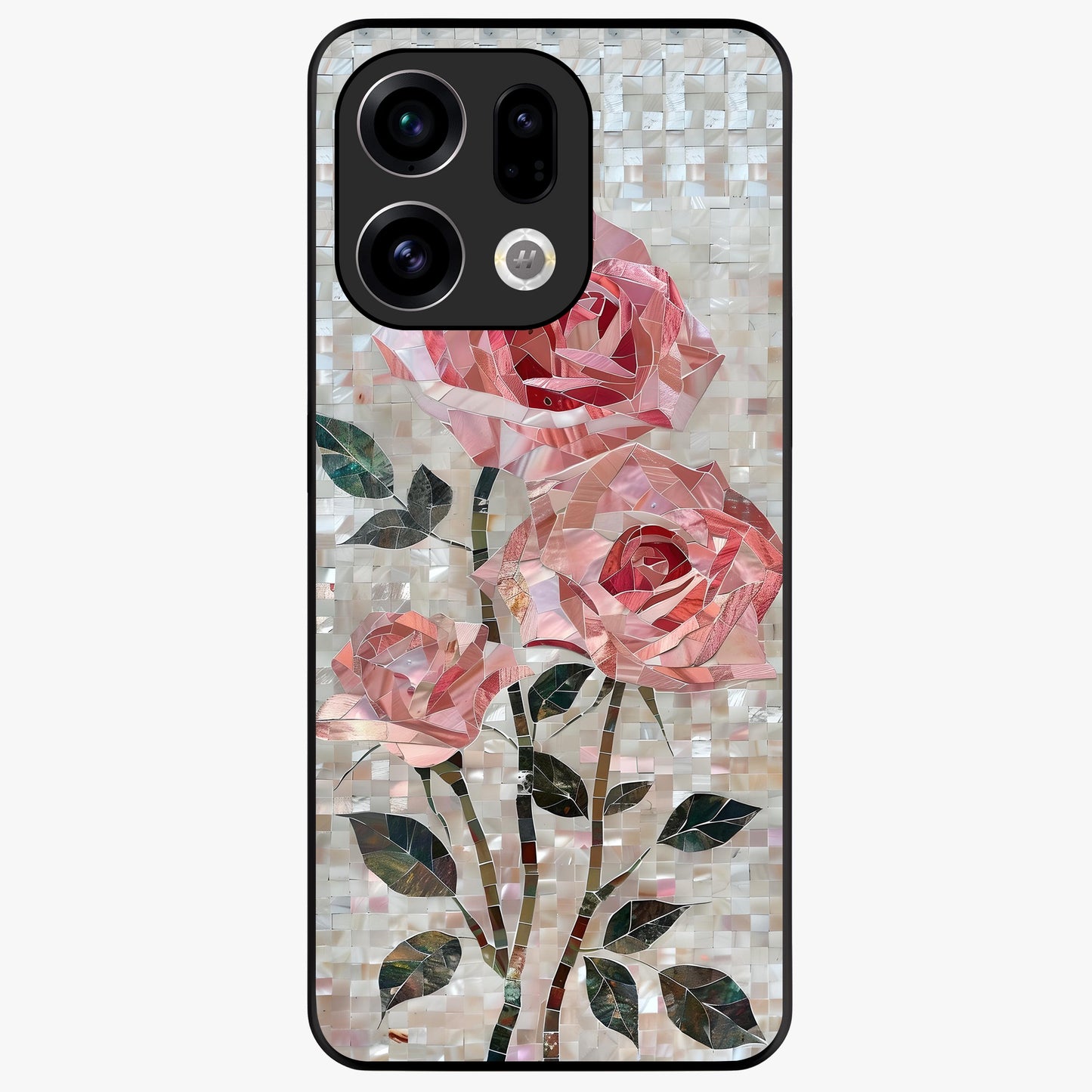 Blush Mosaic Bloom Glass Case showing flat back view with mosaic floral bloom artwork and glossy glass finish.