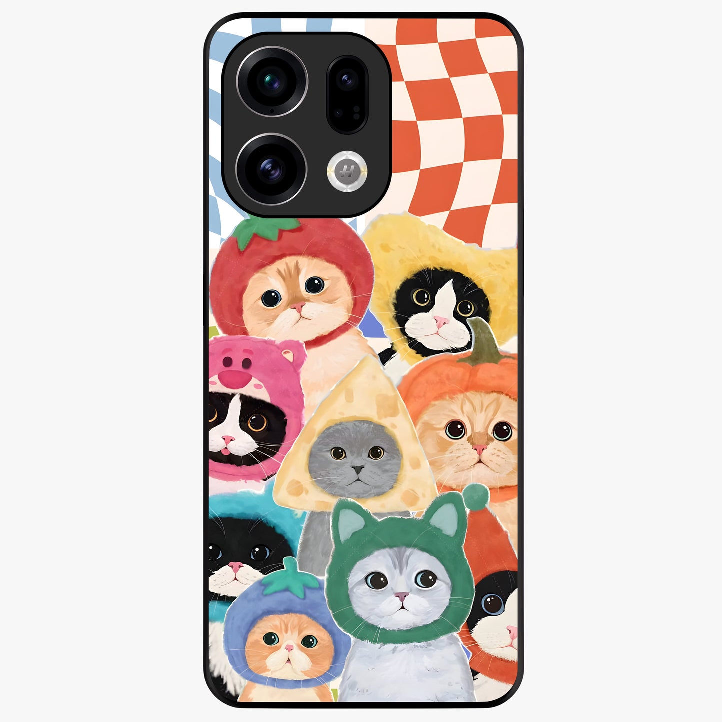 Cats in Fruits Glass Case showing flat back view with playful cat illustrations inside fruit artwork and glossy glass finish.