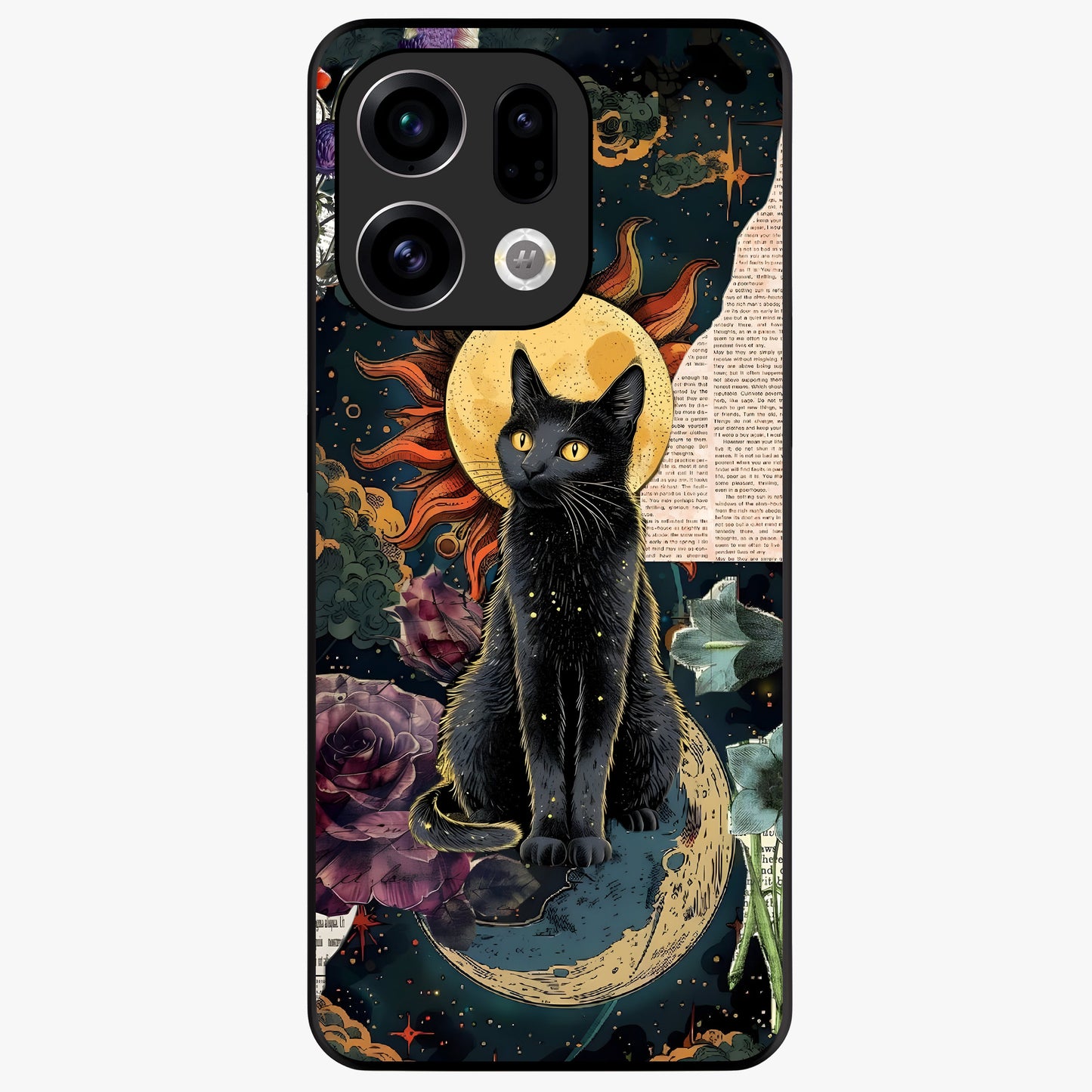 Celestial Black Cat Glass Case showing flat back view with mystical black cat artwork and glossy glass finish.