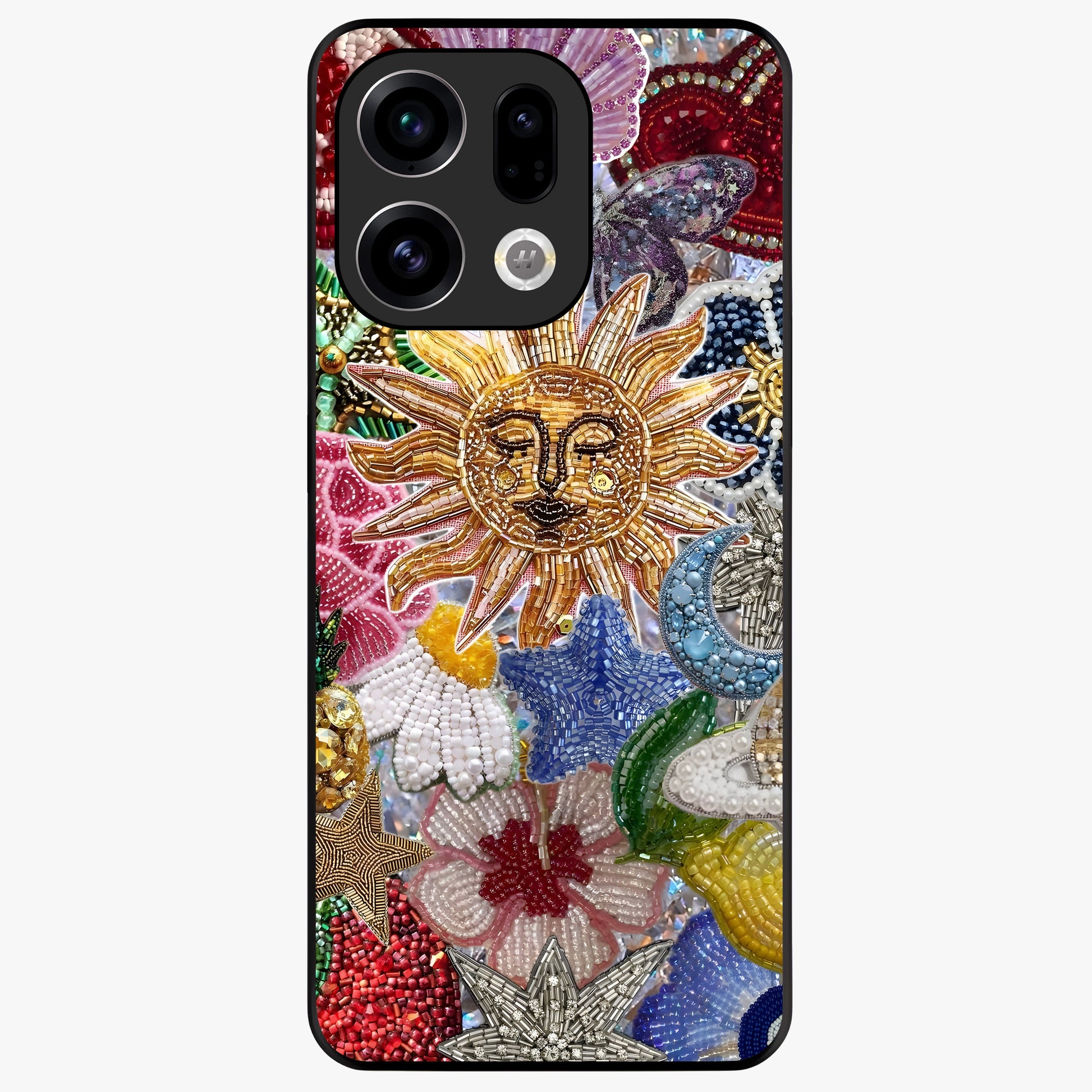 Celestial Floral and Playful Glass Case showing flat back view with floral and celestial themed artwork and glossy glass finish.
