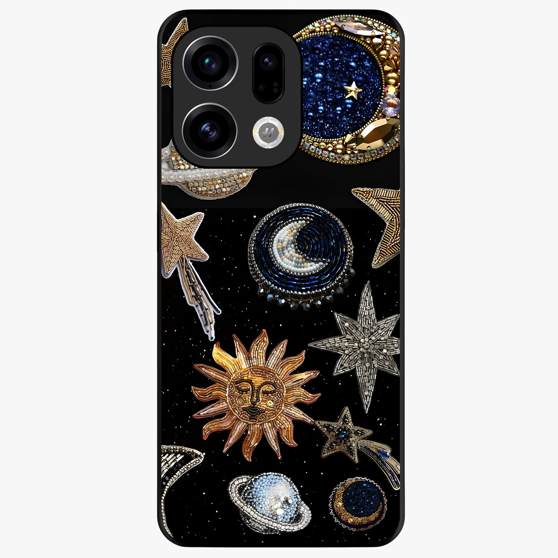 Celestial Gem Constellations Glass Case showing flat back view with sparkling constellation artwork and glossy glass finish.