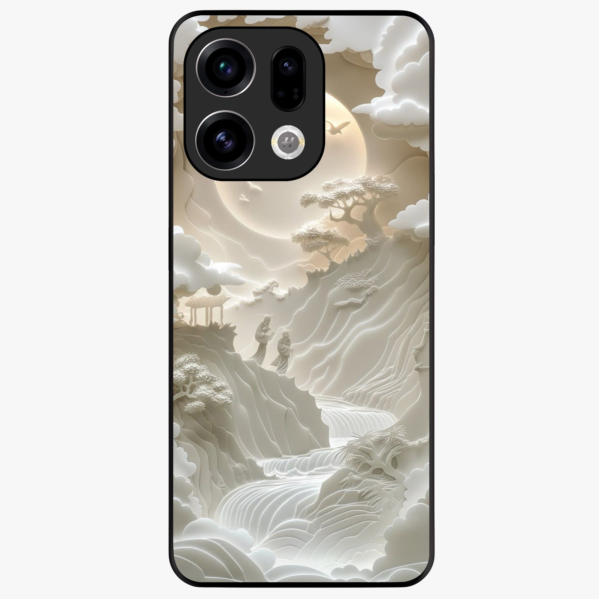 Celestial Origami Glass Case showing flat back view with artistic origami inspired celestial artwork and glossy glass finish.