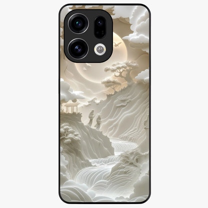 Celestial Origami Glass Case showing flat back view with artistic origami inspired celestial artwork and glossy glass finish.