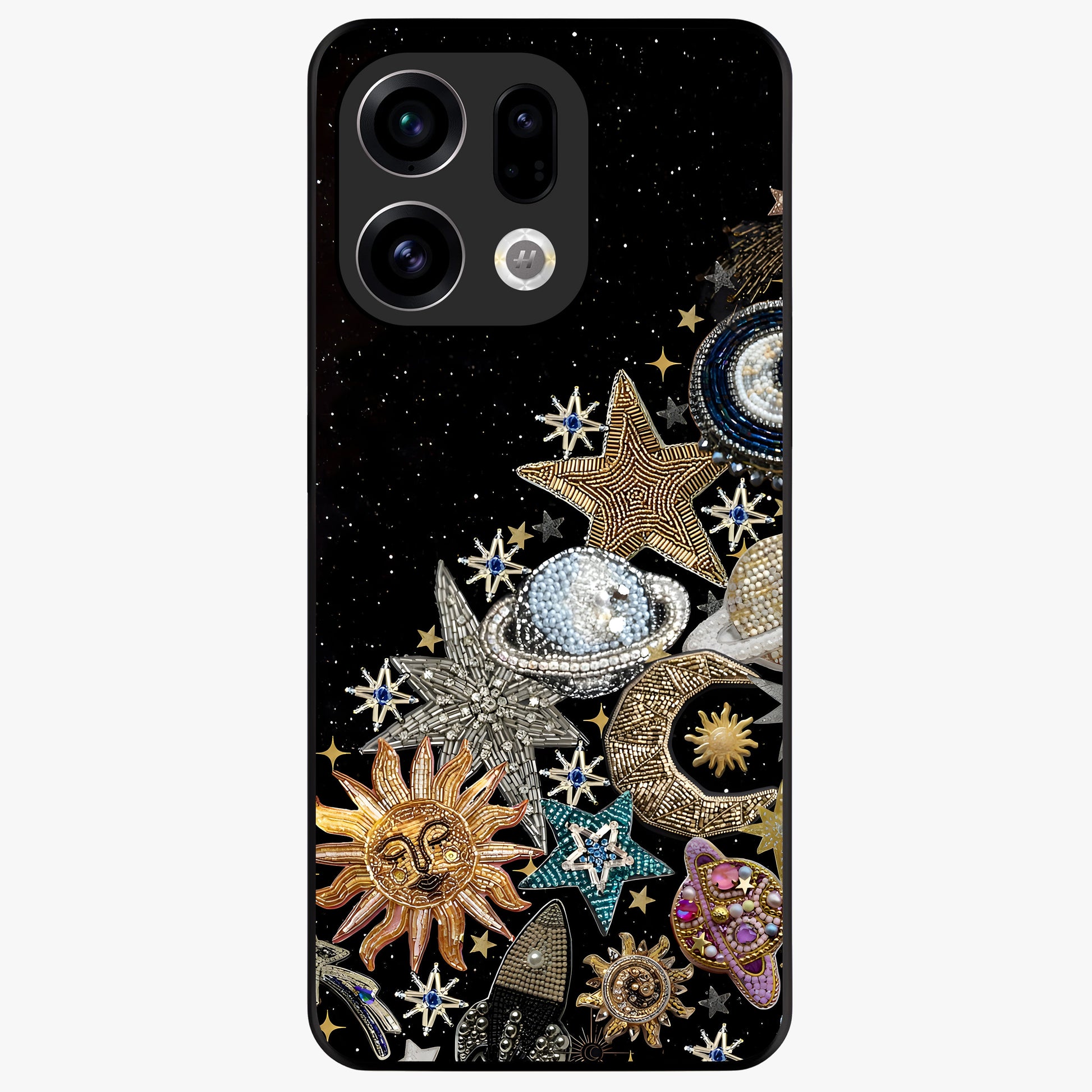 Cosmic Sparkle Dreams Glass Case showing flat back view with sparkling cosmic artwork and glossy glass finish.