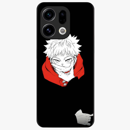 Crimson Chaos Smile Glass Case showing flat back view with bold chaotic smile artwork and glossy glass finish.