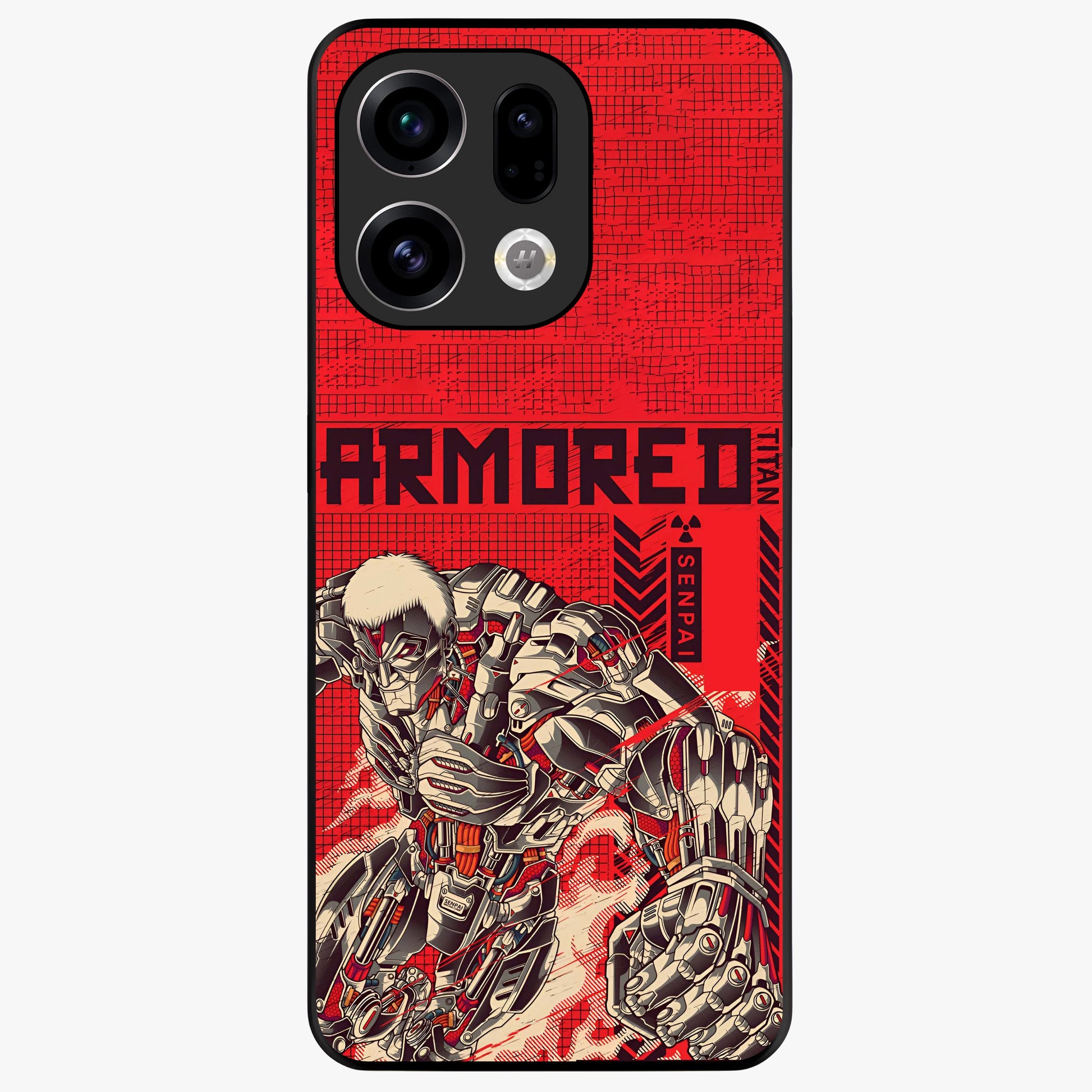 Crimson Mecha Titan Glass Case showing flat back view with powerful mech titan artwork and glossy glass finish.