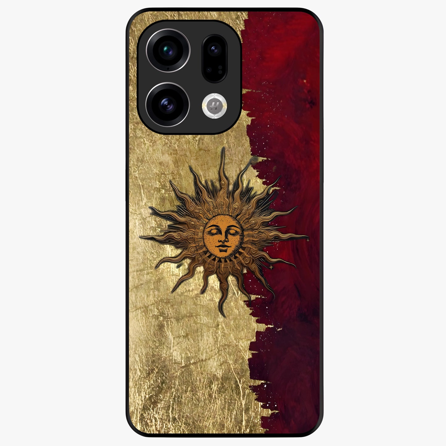 Crimson Sun Majesty Glass Case showing flat back view with radiant sun inspired artwork and glossy glass finish.