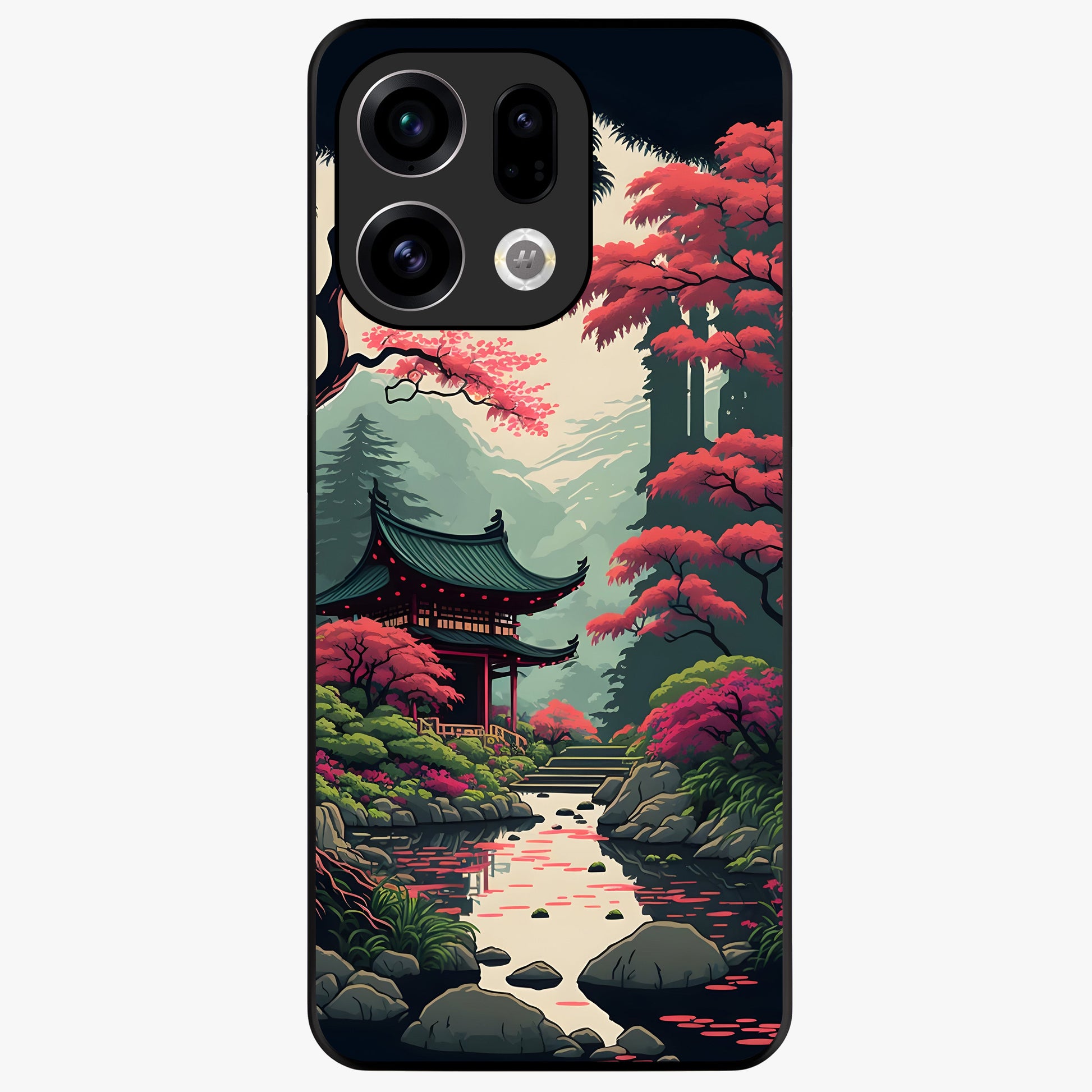 Crimson Temple View Glass Case showing flat back view with temple inspired artwork and glossy glass finish.