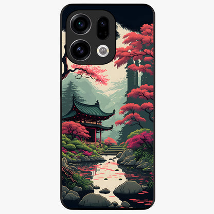 Crimson Temple View Glass Case showing flat back view with temple inspired artwork and glossy glass finish.