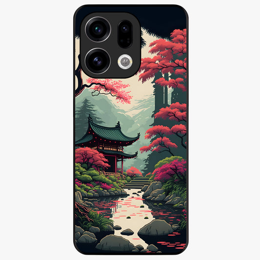 Crimson Temple View Glass Case showing flat back view with temple inspired artwork and glossy glass finish.