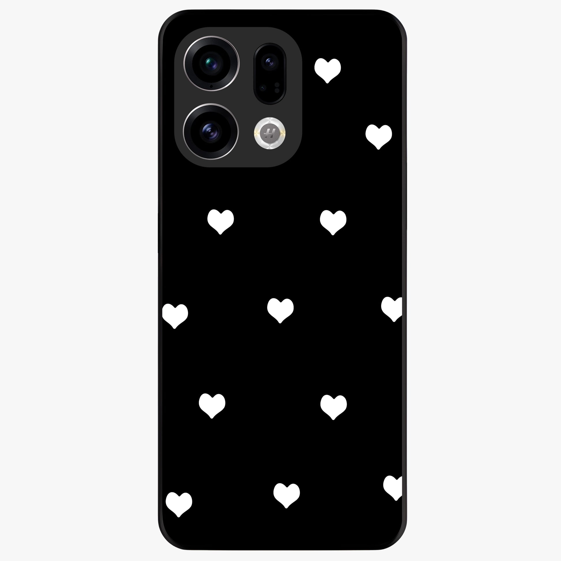 Cute And Simple White Hearts Glass Case showing flat back view with minimal white heart pattern and glossy glass finish.