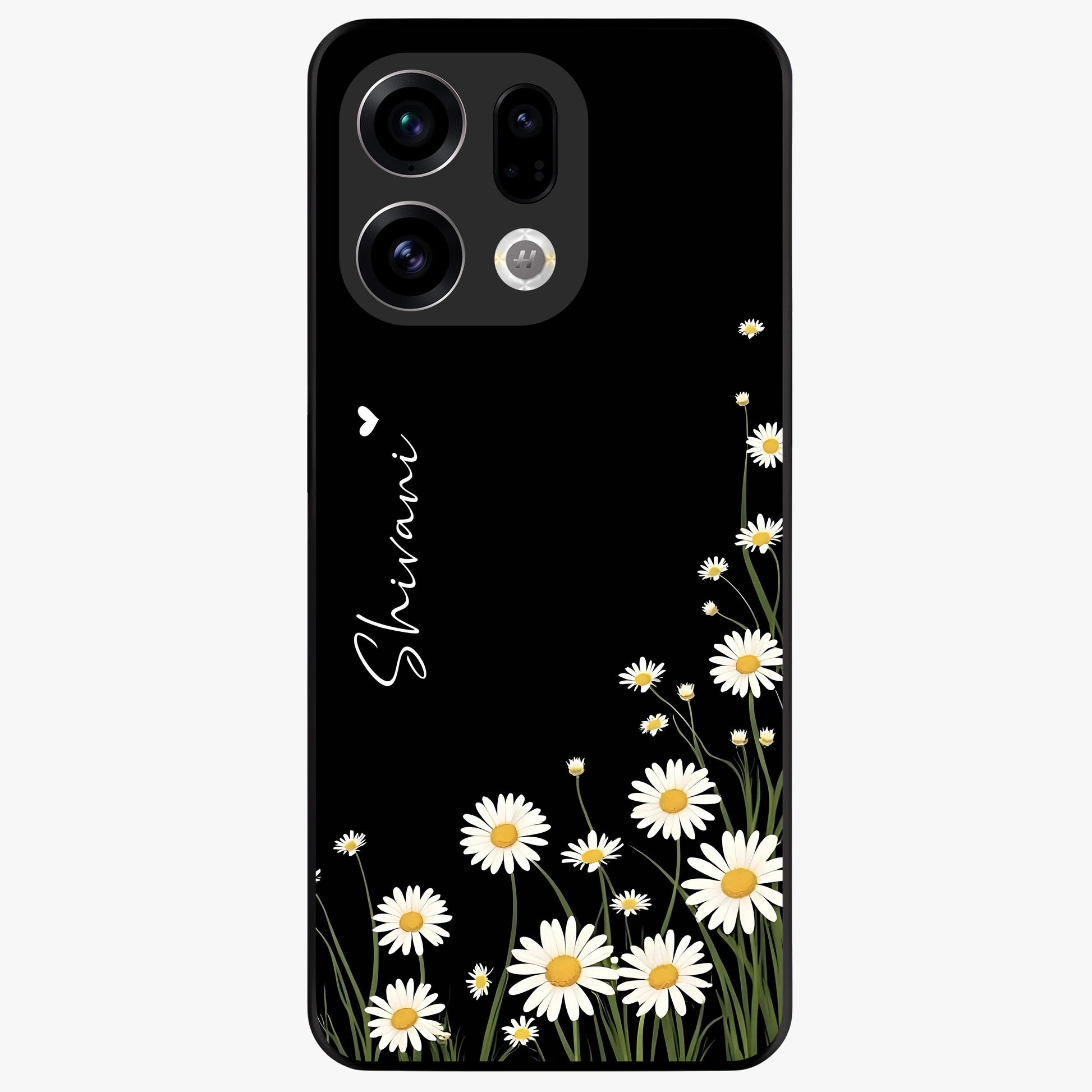 Daisy Cascade Custom Name Glass Case showing flat back view with cascading daisy flowers and personalized name design.