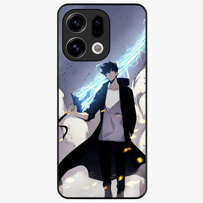 Dark Lightning Anime Warrior Glass Case showing flat back view with intense anime warrior artwork and glossy glass finish.