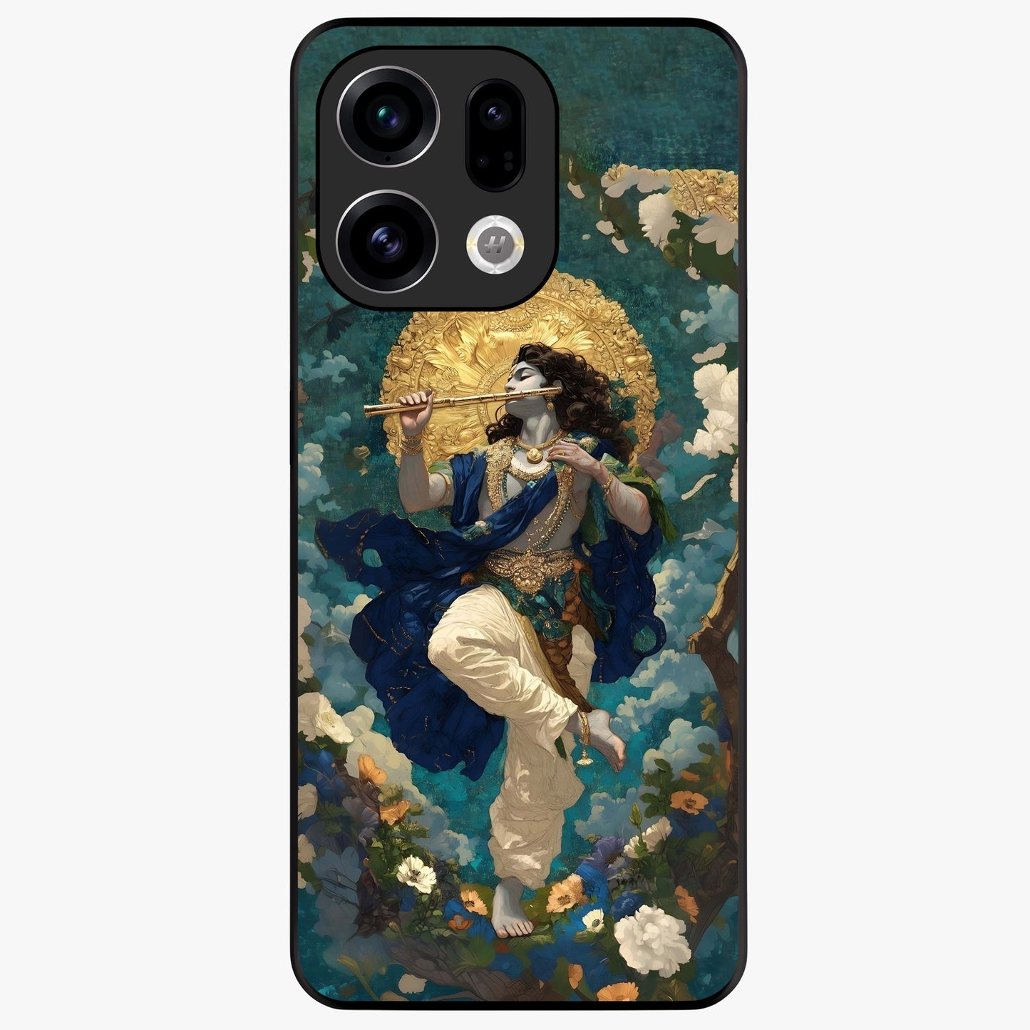Divine Krishna Art Glass Case showing flat back view with Lord Krishna artwork and glossy glass finish.