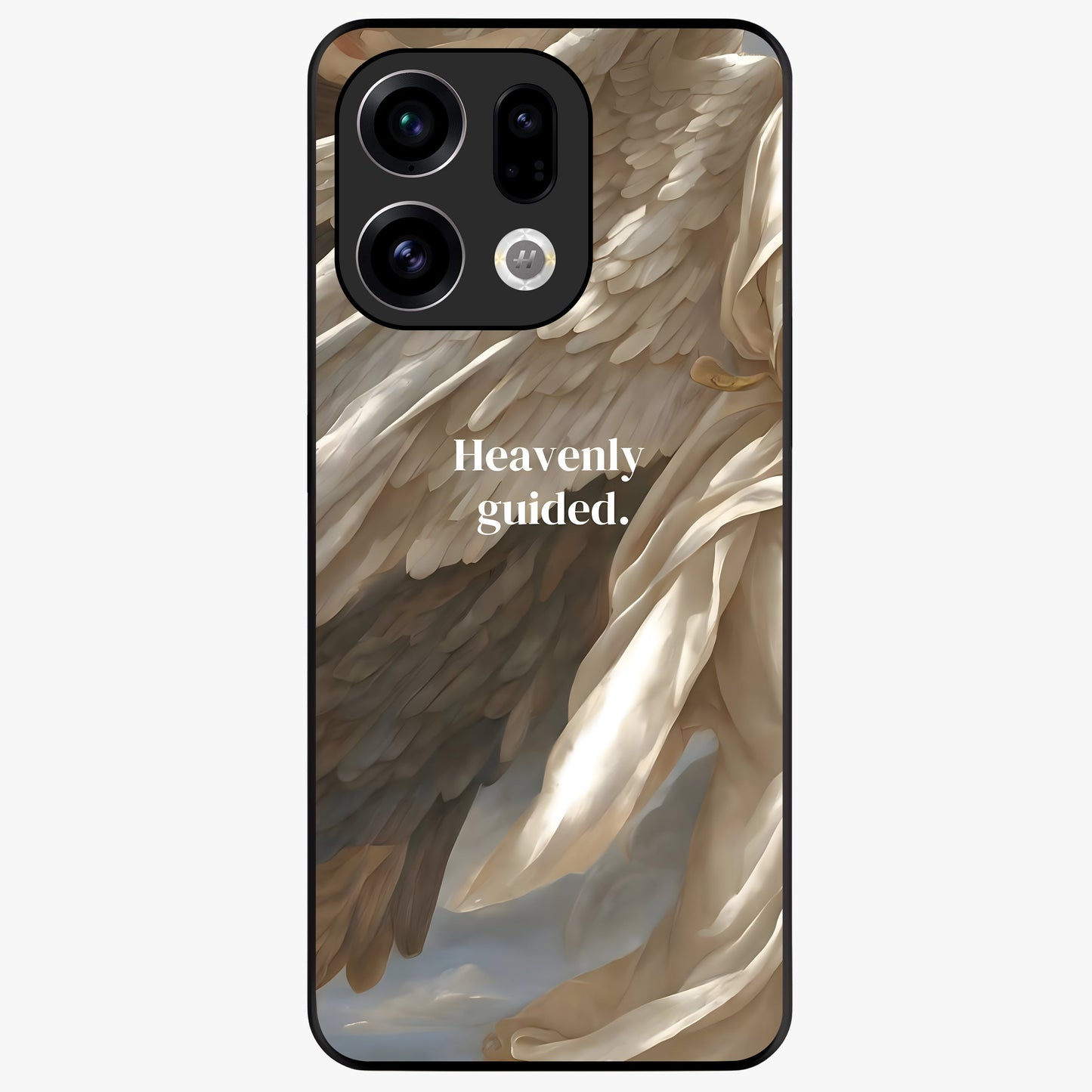 Divine Winged Grace Glass Case showing flat back view with elegant wing inspired artwork and glossy glass finish.