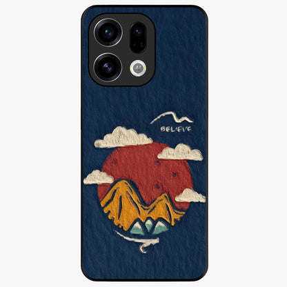 Dream Beyond Mountains Glass Case showing flat back view with scenic mountain landscape artwork and glossy glass finish.