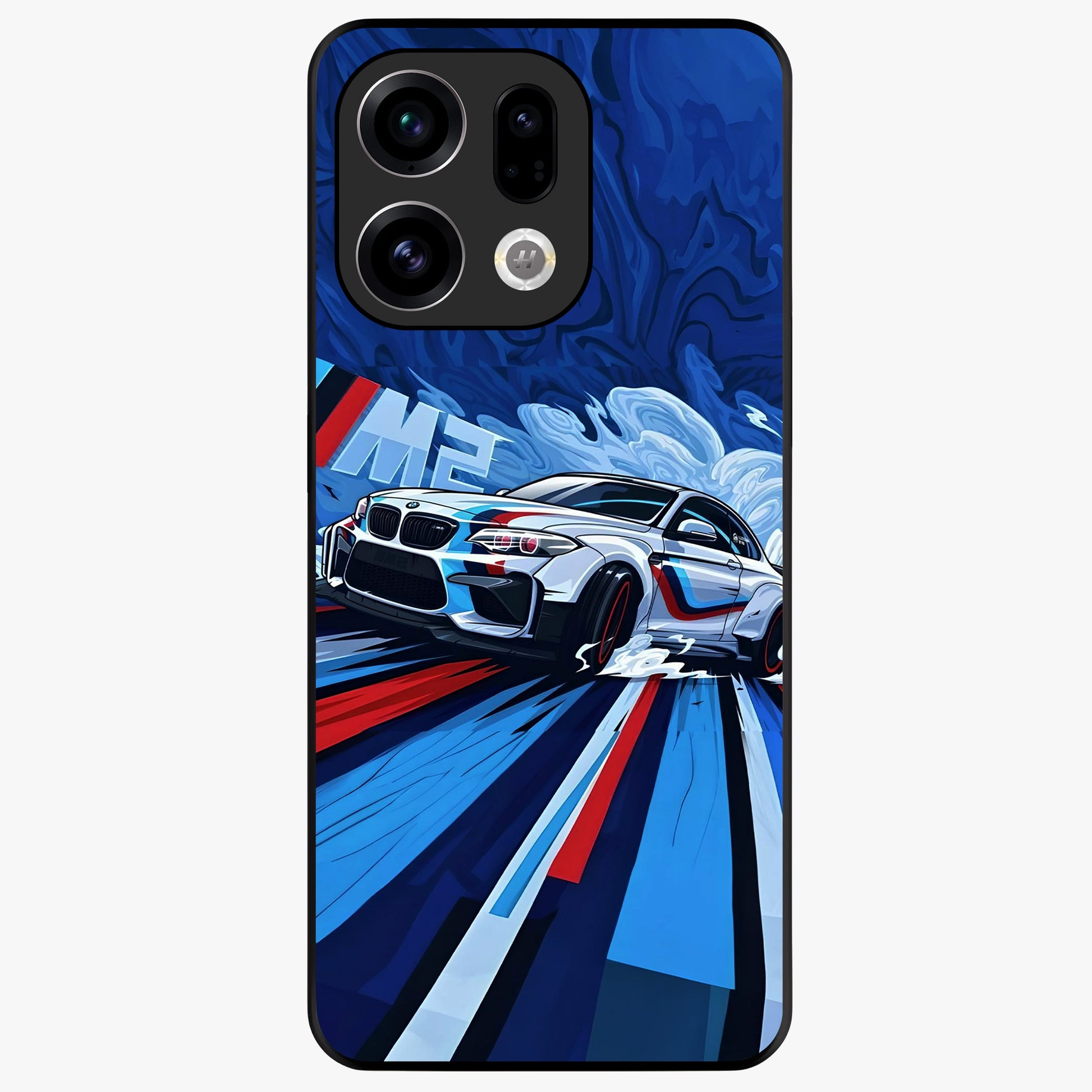 Drift Power Rush Glass Case showing flat back view with dynamic racing inspired artwork and glossy glass finish.