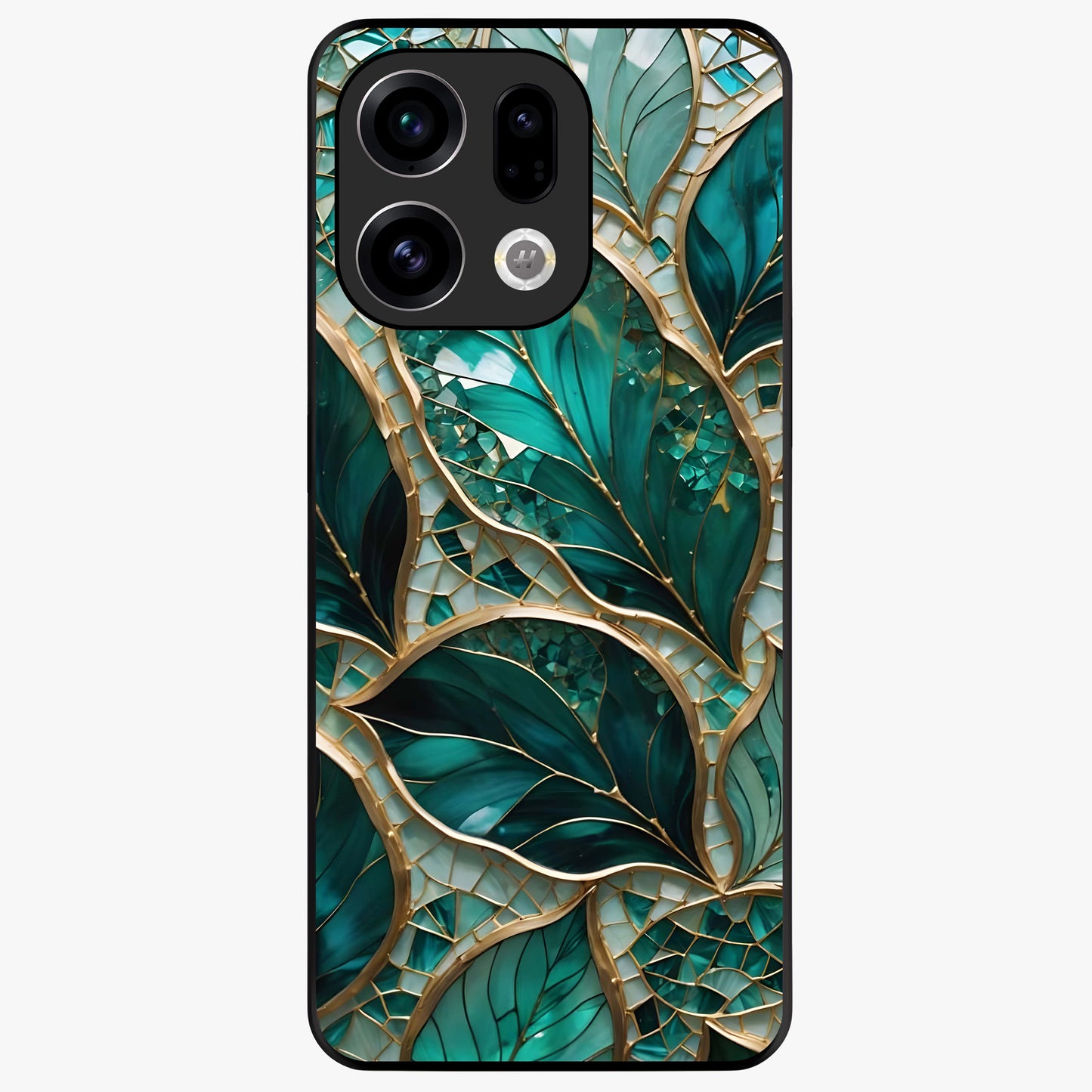 Emerald Leaf Glass Glass Case showing flat back view with emerald green leaf artwork and glossy glass finish.