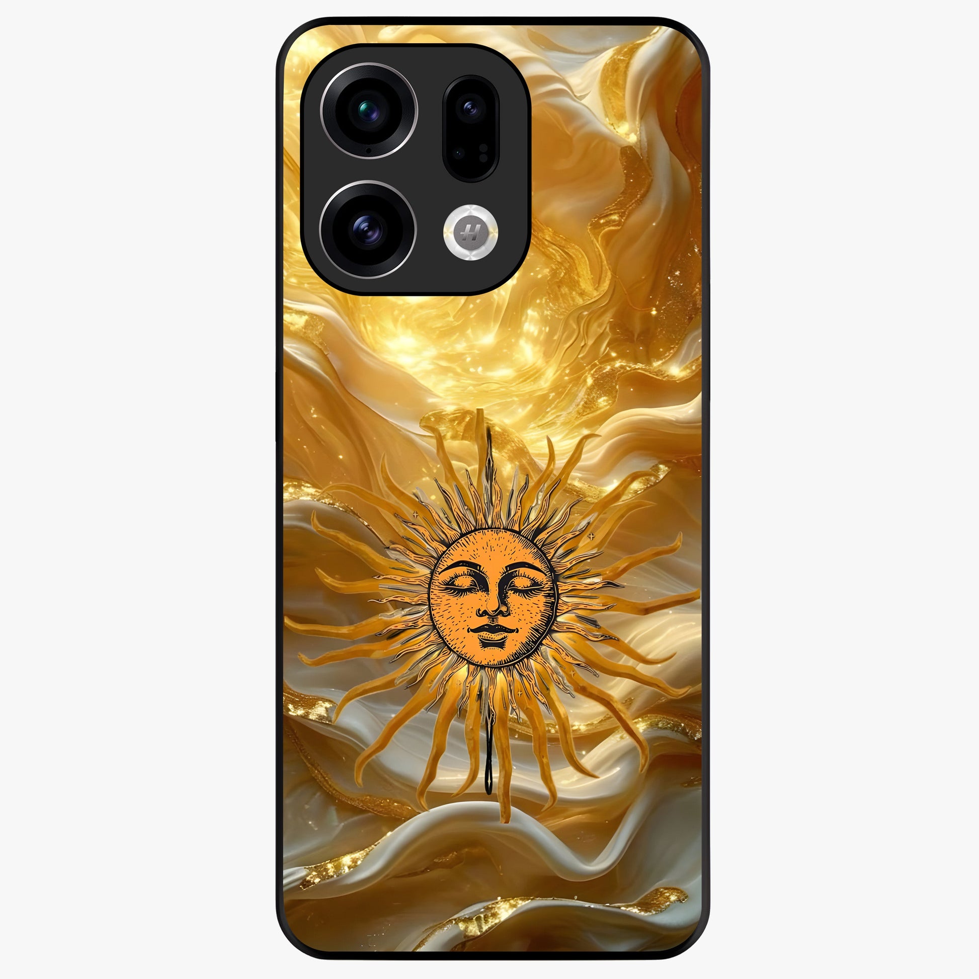 Eternal Golden Glow Glass Case showing flat back view with radiant golden themed artwork and glossy glass finish.