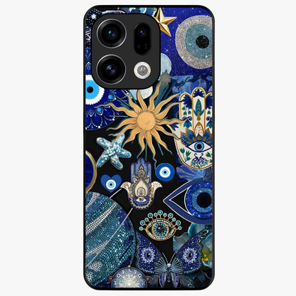 Evil Eye Charm Mix Glass Case showing flat back view with multiple evil eye charms artwork and glossy glass finish.
