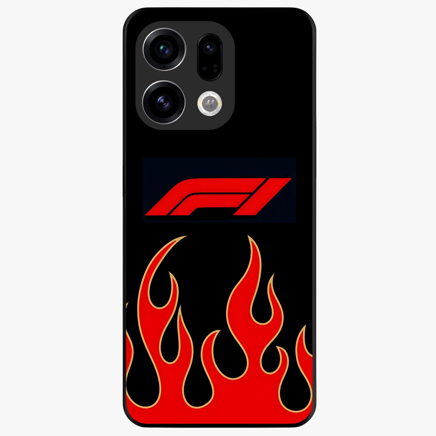Fire F11 Glass Case showing flat back view with fiery themed artwork and glossy glass finish.