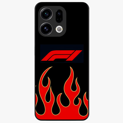 Fire F11 Glass Case showing flat back view with fiery themed artwork and glossy glass finish.