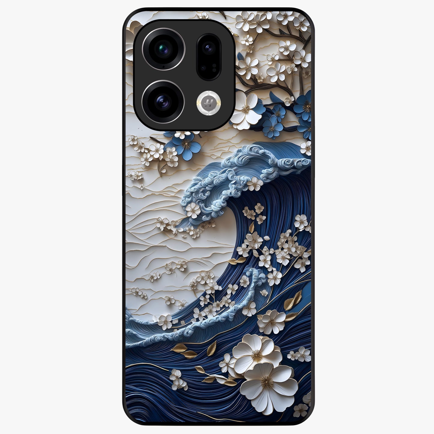 Floral Wave Origami Glass Case showing flat back view with origami inspired floral wave artwork and glossy glass finish.