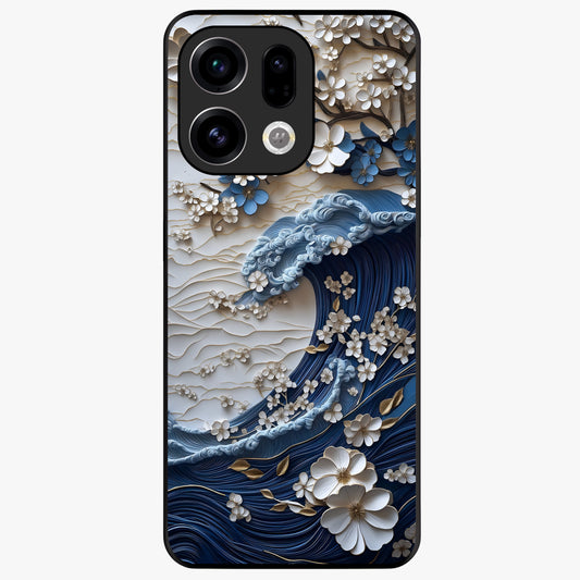 Floral Wave Origami Glass Case showing flat back view with origami inspired floral wave artwork and glossy glass finish.