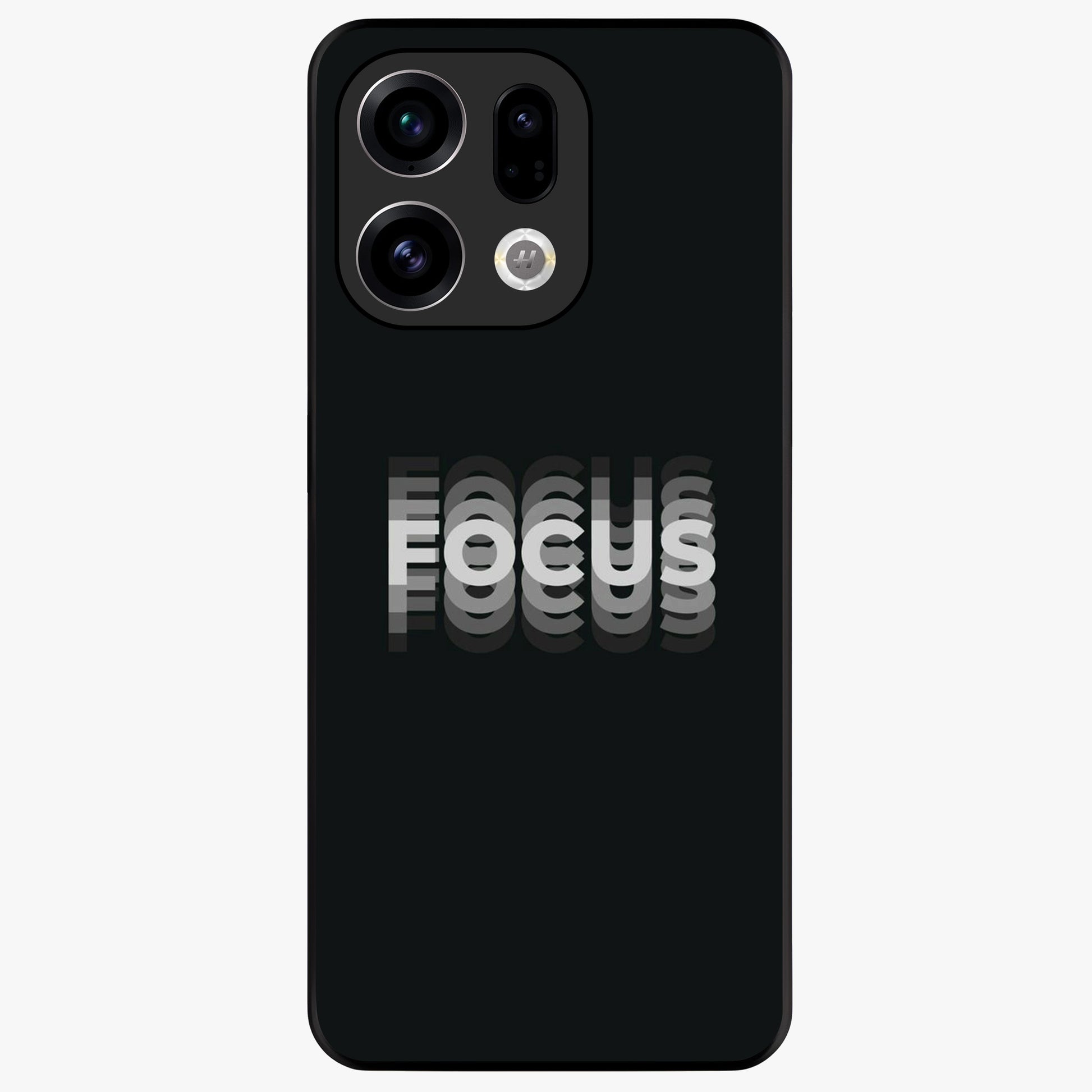 Focus Mode On Glass Case showing flat back view with bold motivational typography design and glossy glass finish.