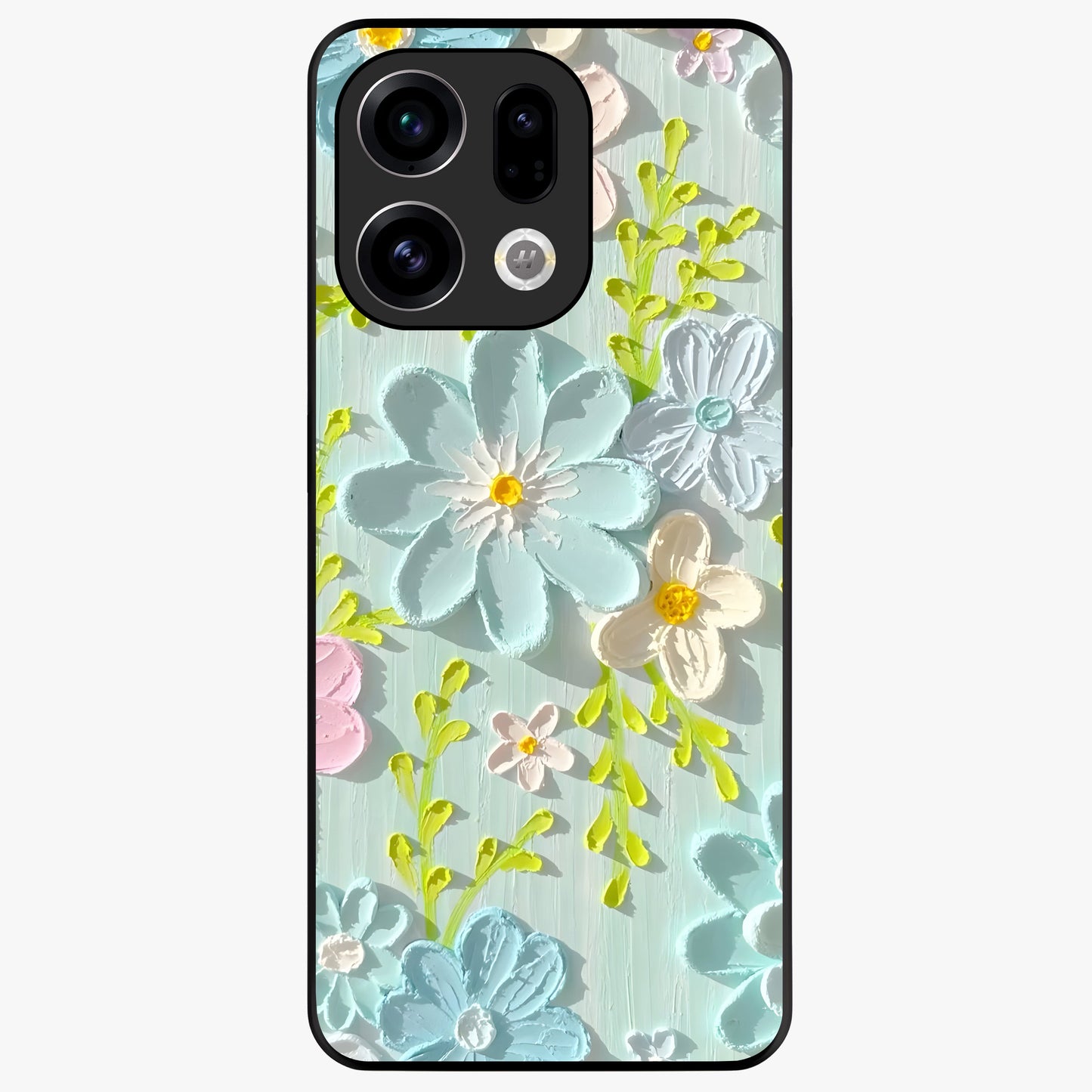 Frosted Petal Garden Glass Case showing flat back view with soft frosted floral artwork and glossy glass finish.