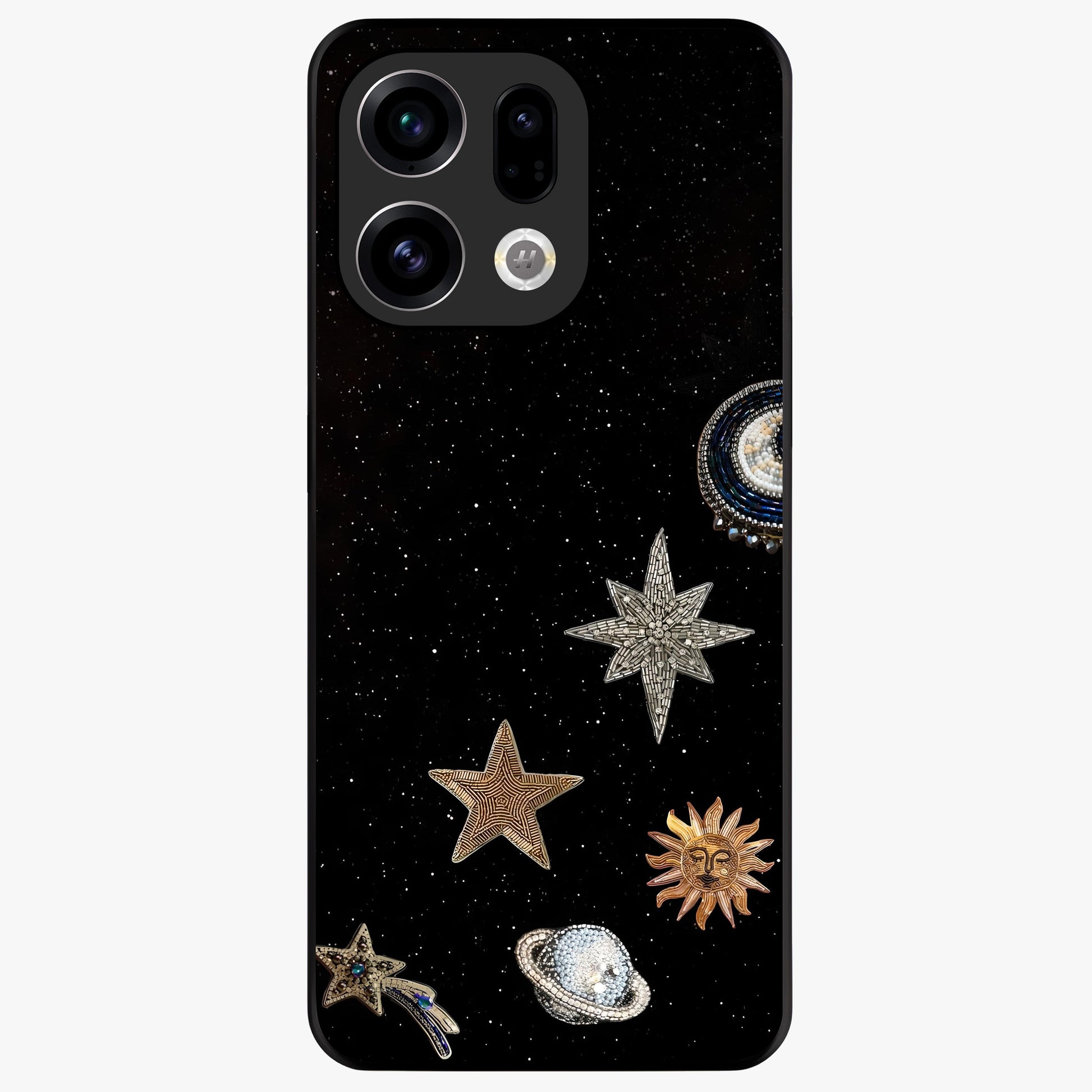Galactic Charm Glow Glass Case showing flat back view with glowing celestial charm artwork and glossy glass finish.