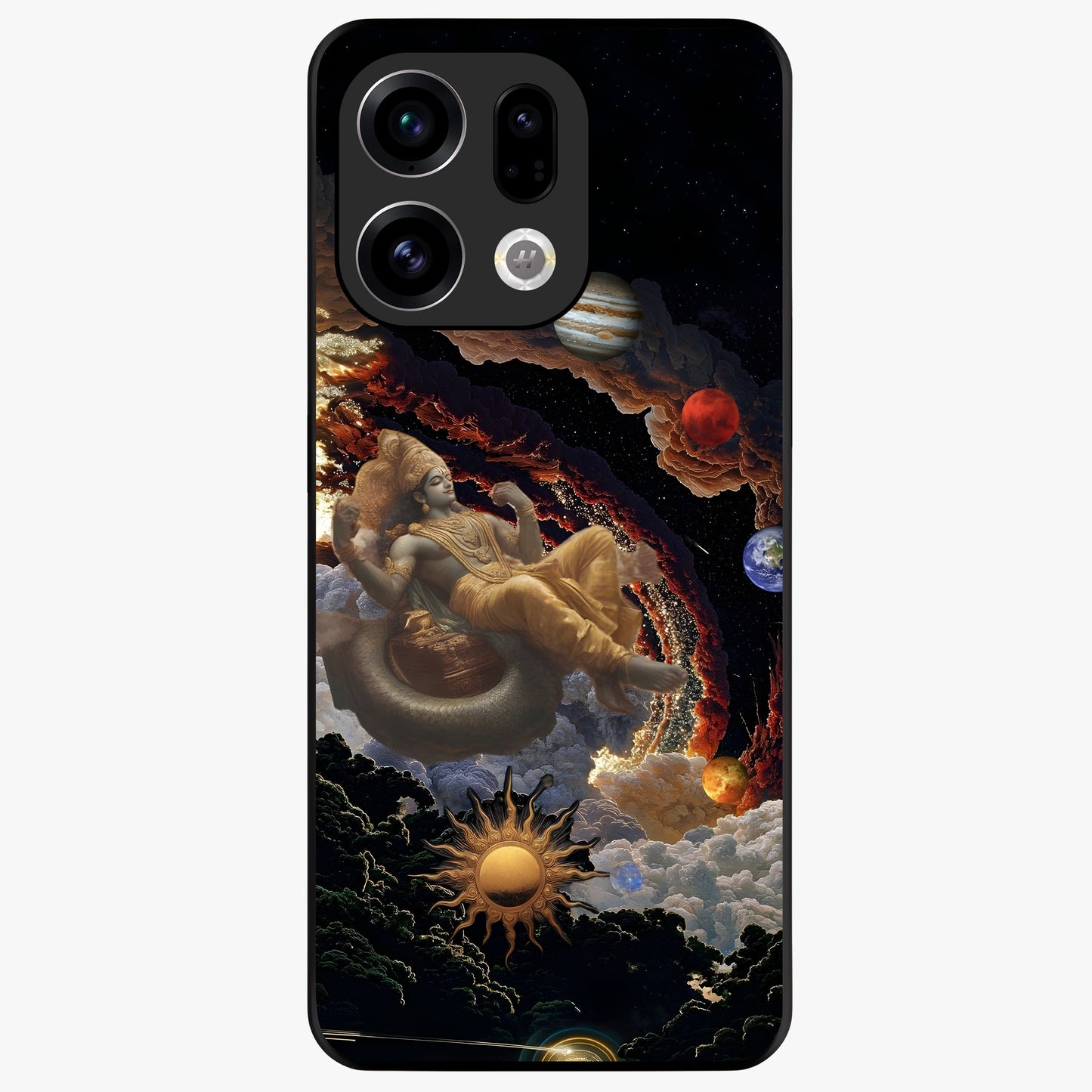 Galactic Divine God Glass Case showing flat back view with divine cosmic themed artwork and glossy glass finish.