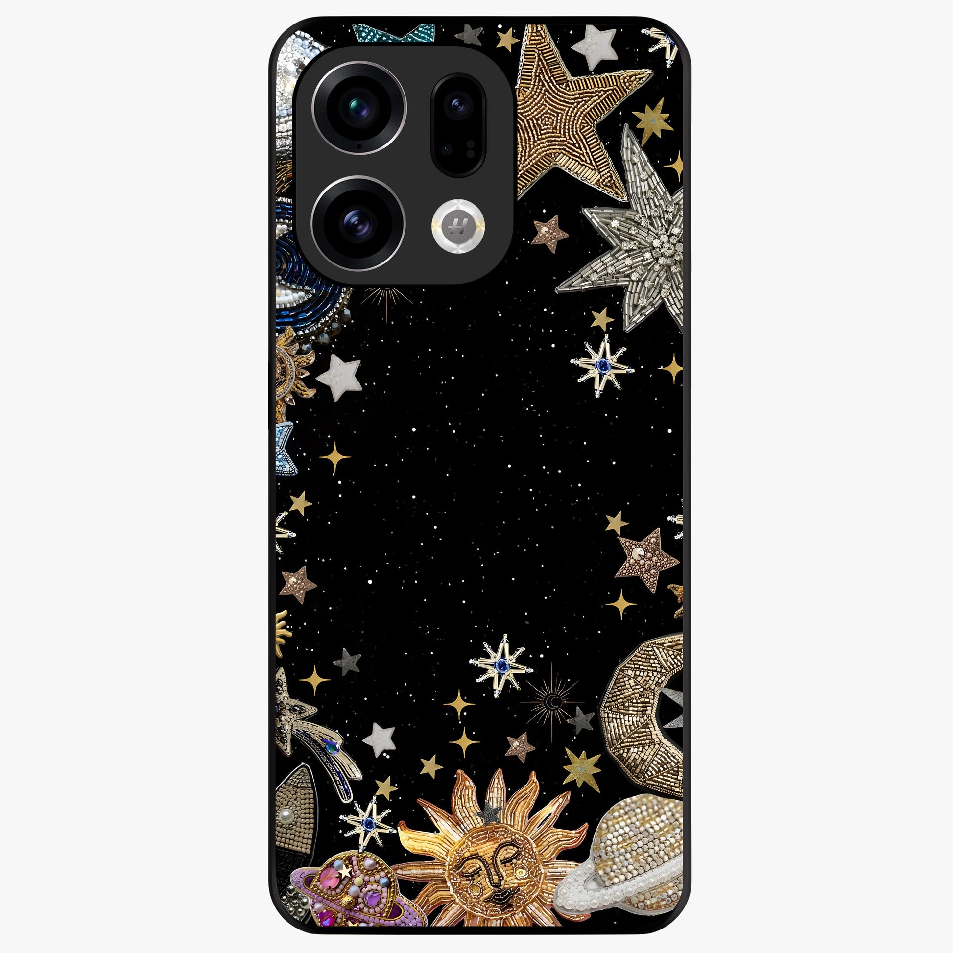 Galactic Jewel Stars Glass Case showing flat back view with sparkling star jewel artwork and glossy glass finish.