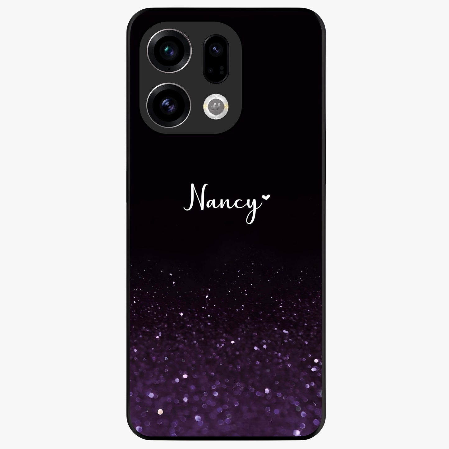 Glittery Purple Bokeh Custom Name Glass Case showing flat back view with purple bokeh sparkle artwork and personalized name design.
