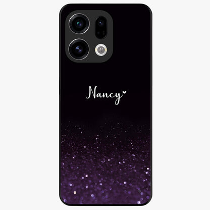 Glittery Purple Bokeh Custom Name Glass Case showing flat back view with purple bokeh sparkle artwork and personalized name design.